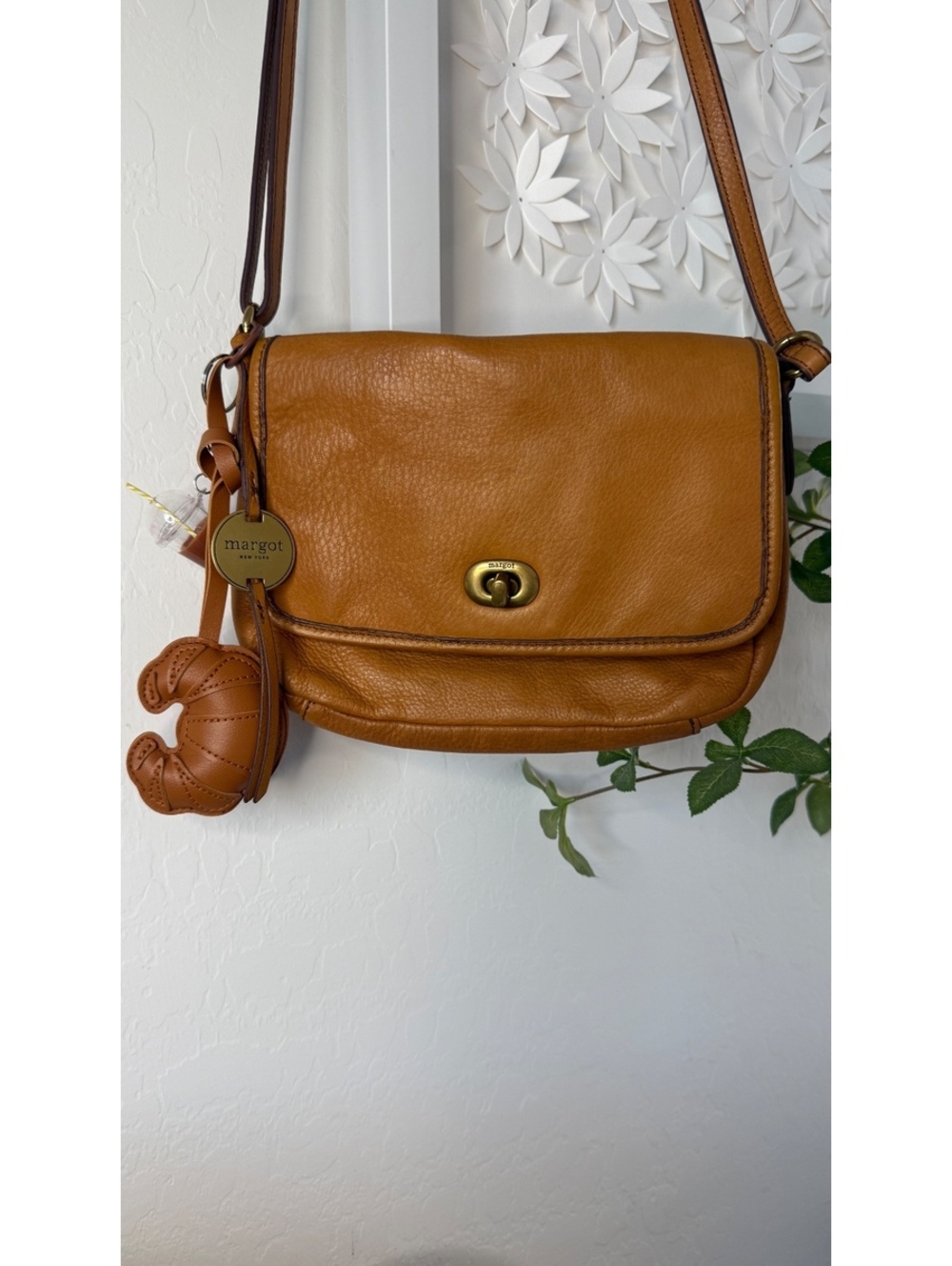 MARGOT NEW YORK CHARLOTTE COGNAC LEATHER FLAP CROSSBODY BAG